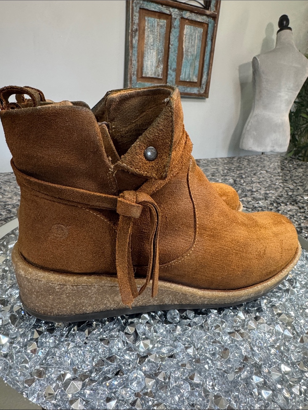 Born Women's Cognac Suede Ankle Booties with Side Tie - Picture 5 of 16